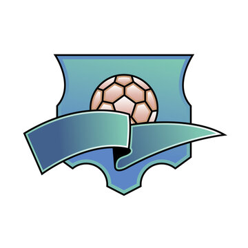 Stylish soccer emblem design with scroll banner