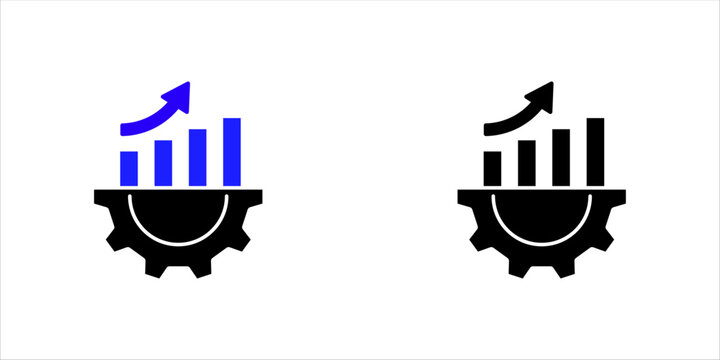 Business growth and operational efficiency icon set featuring rising bar chart and gear mechanism, available in dual-tone and solid glyph styles