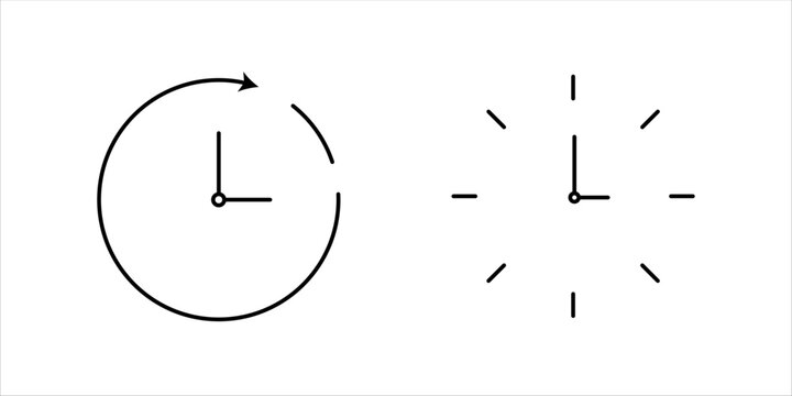 Minimalist clock vector icon set featuring history time loop with arrow and classic round clock face in thin line outline style for UI UX design.