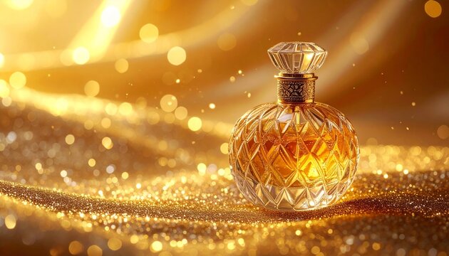 Luxury Perfume Bottle on Golden Background.
