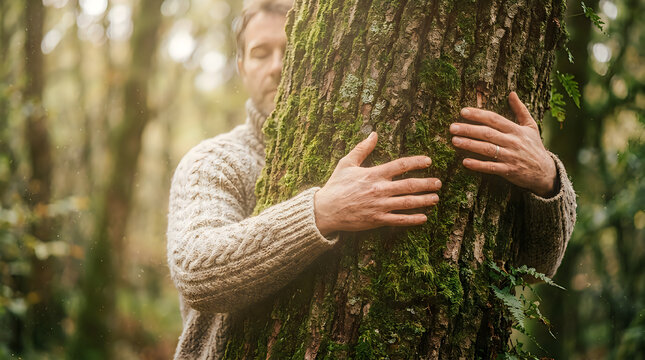 Man hugging a moss-covered tree trunk in a lush green forest, embracing nature's beauty and tranquility