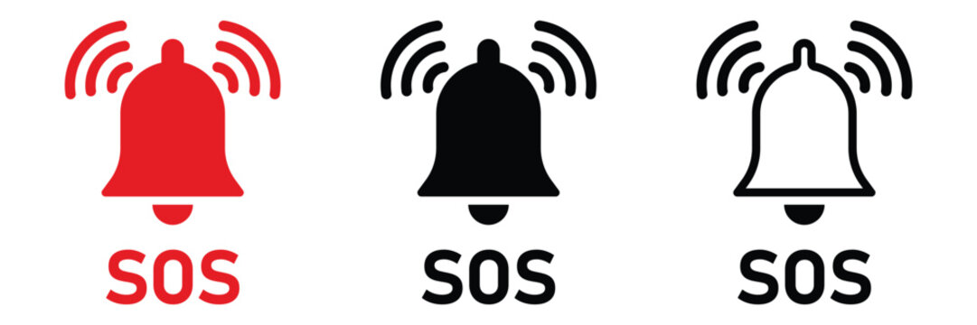 Three ringing alarm bell icons with SOS emergency text warning symbols for important alerts