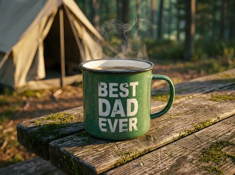 Camping mug with 'best dad ever' message outdoors