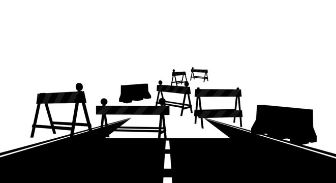 Road closure with barricades and signs on a black and white background indicating restricted access or construction ahead