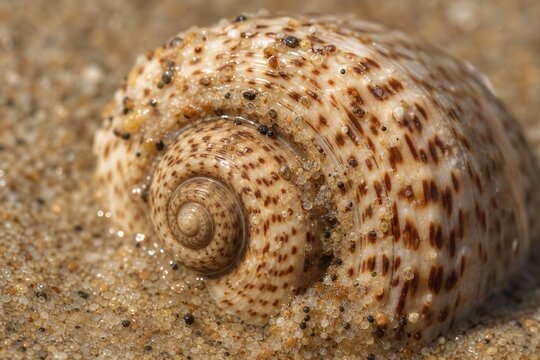 Macro shot of a wet seashell on a sandy beach
