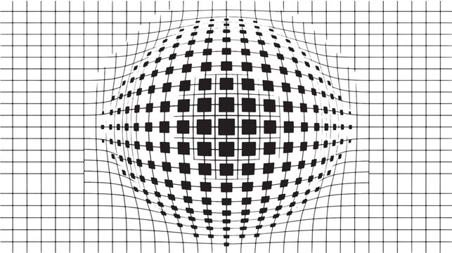 Grid pattern features a distorted spherical projection effect created by varying square sizes on a white field.
