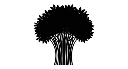 Black silhouette of a tree with multiple trunks and leafy branches on white background © Prema