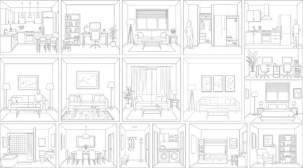 Fototapeta premium Modern Home Interior Room Layout Line Art Vector Set for Architectural Planning, Interior Design & Real Estate Marketing (EPS)