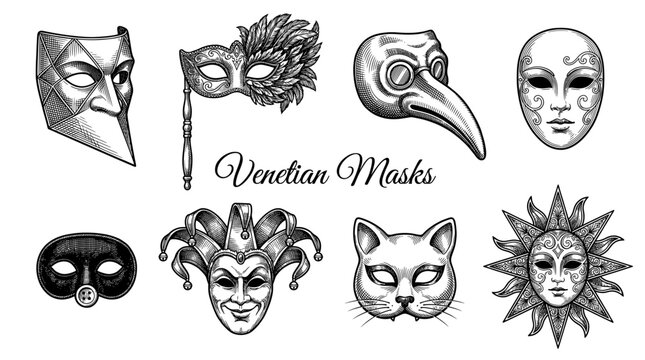 Set of Venetian Carnival Masks in Vintage Engraving Style, Including Plague Doctor, Jester, Cat, and Harlequin, Hand Drawn Vector Illustration for Masquerade Party and Festival Design
