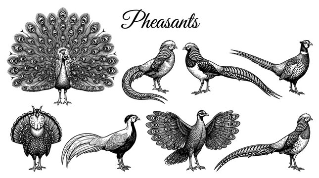 Vintage Engraving Collection of Pheasants and Peacock, Hand Drawn Decorative Birds Illustration Vector Set