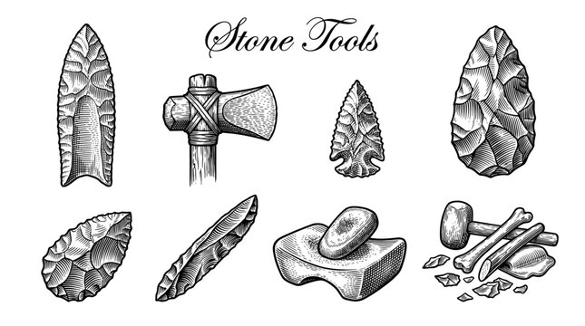 Hand Drawn Set of Prehistoric Stone Tools and Weapons in Vintage Engraving Style Including Axe, Spearhead, Arrowhead, and Mortar