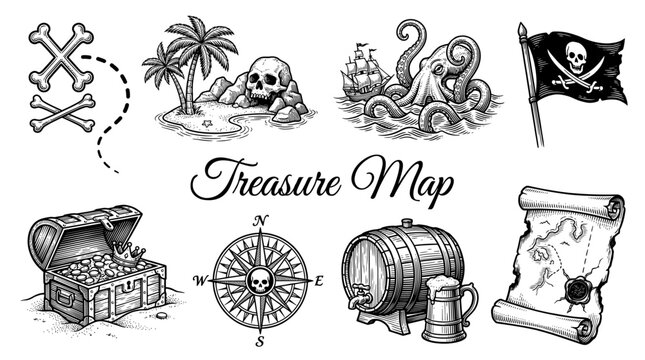 Pirate Treasure Map Elements Collection, Vintage Hand Drawn Vector Illustration Set with Skull Island, Kraken, and Treasure Chest