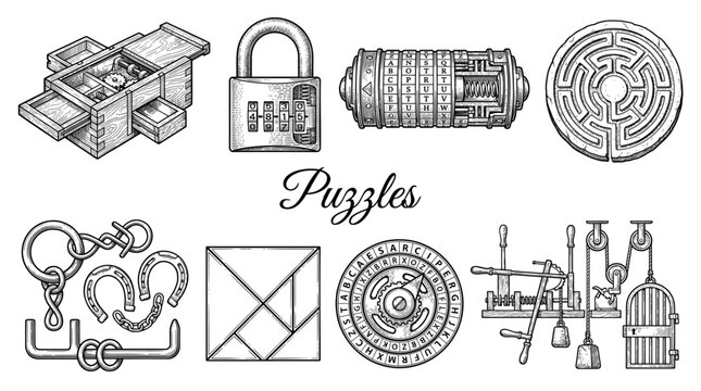 Vintage Puzzle and Brain Teaser Vector Collection with Secret Box, Cryptex, Labyrinth, and Combination Lock