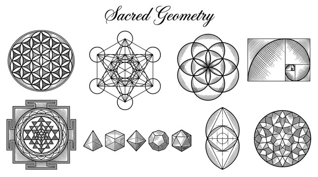 Sacred Geometry Symbols Set with Flower of Life, Metatron's Cube, Sri Yantra, and Platonic Solids - Vector Line Art Illustration for Spiritual and Esoteric Design