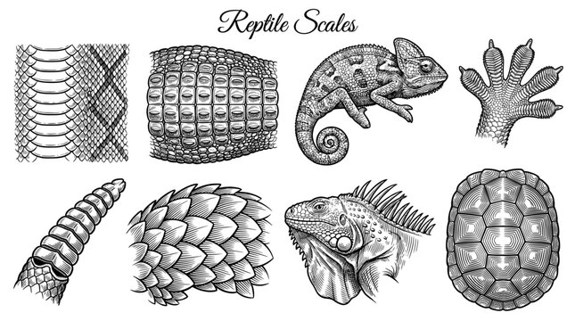 Engraved Reptile Scales and Animal Elements Vector Set Featuring Chameleon, Iguana Head, Turtle Shell, Snake Tail, and Gecko Foot