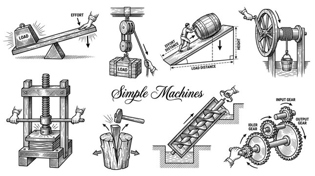 Set of Vintage Simple Machines Illustrations Including Lever, Pulley, Gears, and Inclined Plane. Educational Physics Diagrams in Engraving Style Vector.