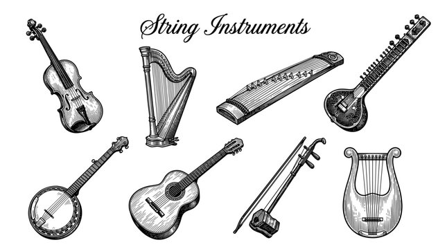 Vintage Hand Drawn String Musical Instruments Vector Illustration Set - Violin, Acoustic Guitar, Harp, Banjo, Sitar, Lyre, and Ethnic Strings