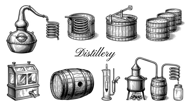 Vintage Distillery Equipment Vector Set: Engraved Hand-Drawn Illustrations of Alembic Pot Stills, Barrels, and Alcohol Production Tools for Whiskey and Spirits