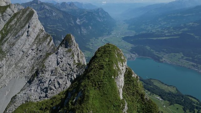 Swiss mountains, Churfirsten. Drone video Walensee in the background 