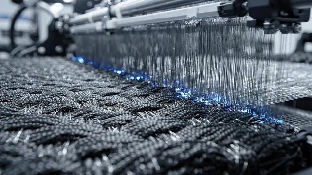 Macro view of automated industrial loom weaving high-tech carbon fiber textile with blue laser light