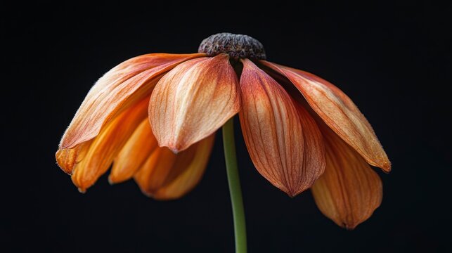 Close-up of a single, drooping orange flower against a black background.