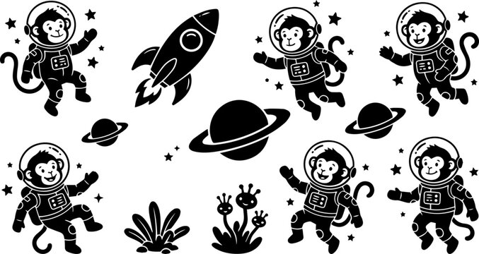 Monkey Astronauts, Space Icons, Black Vector Set, 6 Monkeys, Planets, Rockets