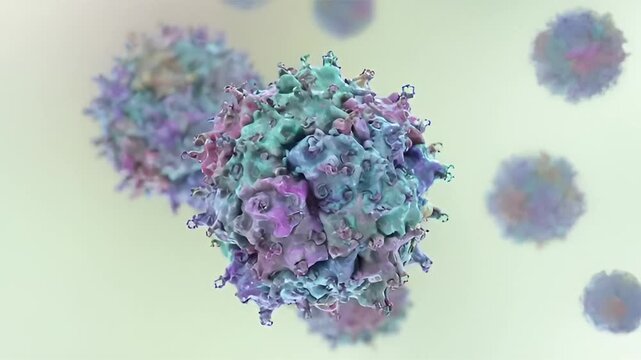 Adeno-associated virus particles slowly rotating and drifting in fluid, detailed capsid structure visualised, molecular virology concept, 3D animation.