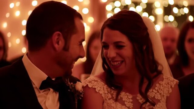 A bride and groom smiling at each other.