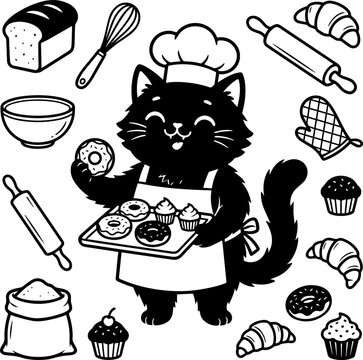 Baking, pastry, chef cat, desserts, bakery icons, vector illustrations, black and white, food graphics