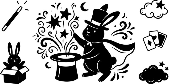 Magical rabbit, top hat, magic tricks, vector icons