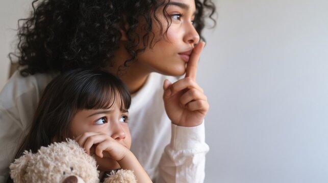 Mother hushing scared daughter, protecting child from unseen danger, fearing domestic violence, living in silence, hiding a secret to ensure safety