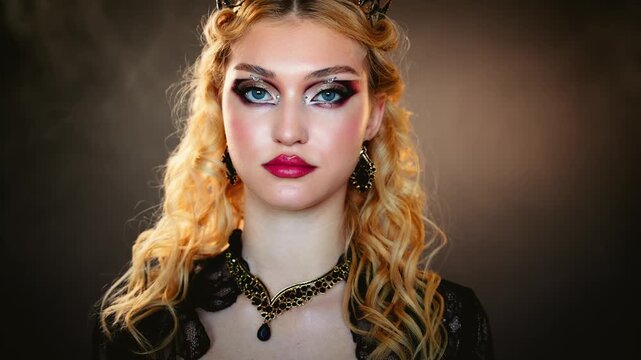 Fantasy mystery elf girl red lips makeup dark queen woman beauty face eyes looking at camera. luxury black dress blonde long hair royal person fashion model posing golden crown jewelry victorian style
