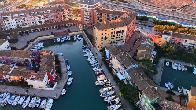 High angle view of a boat harbor surrounded by residential buildings with colorful facades and tiled roofs in a mediterranean town. Aerial view of coastal marina with luxury yachts and boats