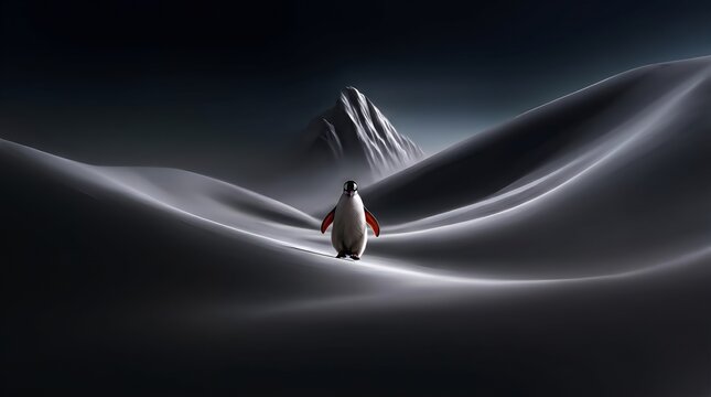 A lone emperor penguin traverses smooth sweeping snow dunes towards a sharp glaciated mountain peak under a dark moody subzero polar sky