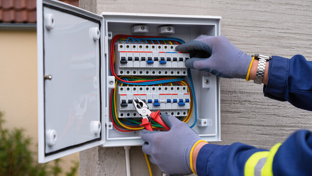 Electrician repairing outdoor electrical breaker panel.
Professional technician installing external power box.
Technician maintaining electrical system with tools.
Hands of electrician at work 