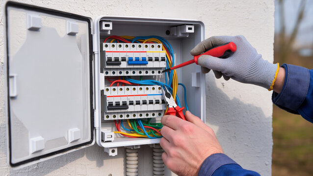 Electrician repairing outdoor electrical breaker panel.
Professional technician installing external power box.
Technician maintaining electrical system with tools.
Hands of electrician at work 