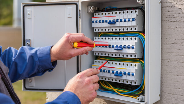 Electrician repairing outdoor electrical breaker panel.
Professional technician installing external power box.
Technician maintaining electrical system with tools.
Hands of electrician at work 