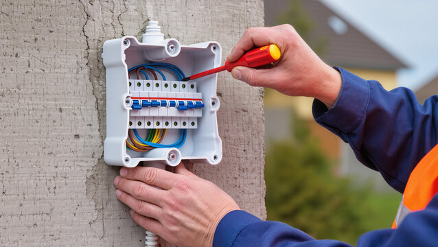 Electrician repairing outdoor electrical breaker panel.
Professional technician installing external power box.
Technician maintaining electrical system with tools.
Hands of electrician at work 