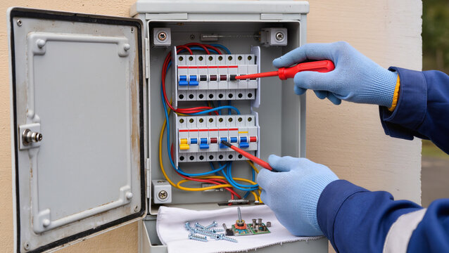 Electrician repairing outdoor electrical breaker panel.
Professional technician installing external power box.
Technician maintaining electrical system with tools.
Hands of electrician at work 
