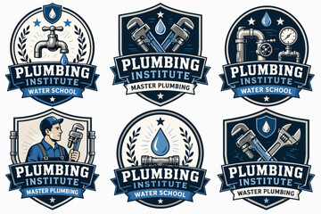 Fototapeta premium Plumbing Institute water school and master plumbing badges, vintage emblems collection