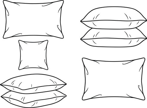 Collection of five pillow illustrations showing square and rectangular designs with stacked arrangements in clean line art style