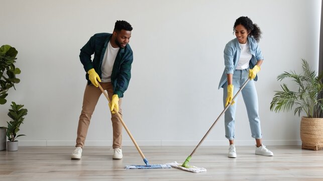 Young black couple cleaning wooden floor in a minimalist modern apartment, mopping with mops and wearing yellow gloves, sharing household chores and responsibilities as a team