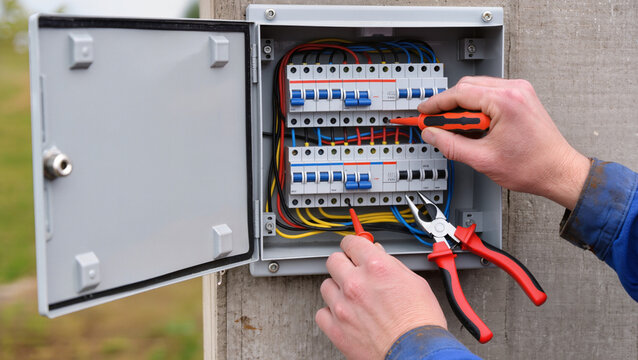 Electrician repairing outdoor electrical breaker panel.
Professional technician installing external power box.
Technician maintaining electrical system with tools.
Hands of electrician at work 