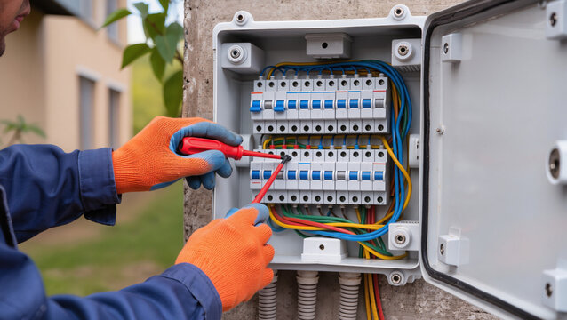 Electrician repairing outdoor electrical breaker panel.
Professional technician installing external power box.
Technician maintaining electrical system with tools.
Hands of electrician at work 