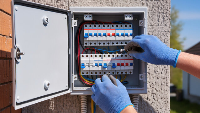 Electrician repairing outdoor electrical breaker panel.
Professional technician installing external power box.
Technician maintaining electrical system with tools.
Hands of electrician at work 