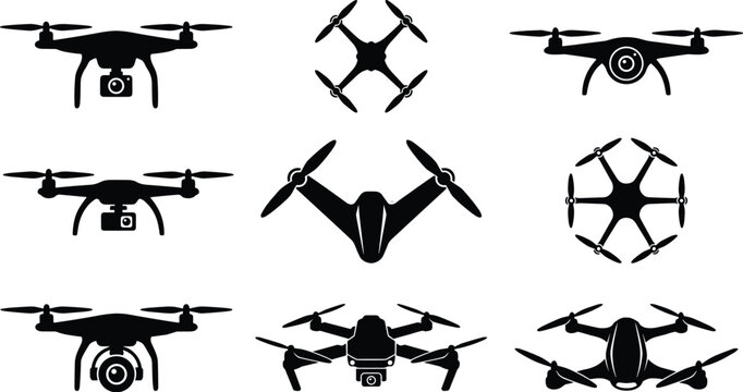 Collection of nine drone silhouette icons featuring quadcopters, hexacopters, and aerial camera designs in black-and-white