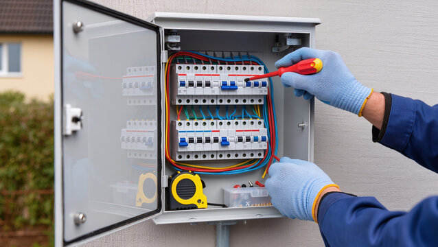 Electrician repairing outdoor electrical breaker panel.
Professional technician installing external power box.
Technician maintaining electrical system with tools.
Hands of electrician at work 