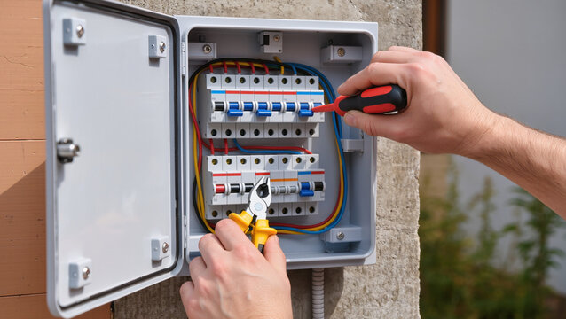 Electrician repairing outdoor electrical breaker panel.
Professional technician installing external power box.
Technician maintaining electrical system with tools.
Hands of electrician at work 
