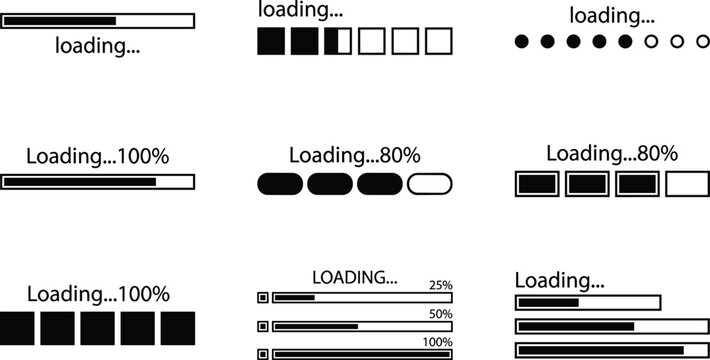 Collection of nine loading and progress bar illustrations featuring digital interface designs with text, bars, and animated indicators