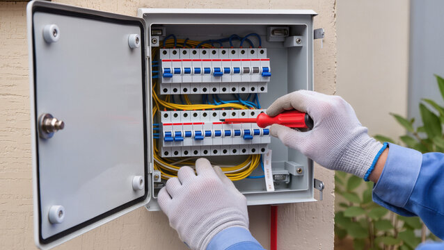 Electrician repairing outdoor electrical breaker panel.
Professional technician installing external power box.
Technician maintaining electrical system with tools.
Hands of electrician at work 